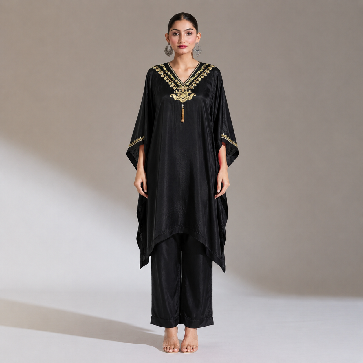Black Embroidered V-Neck Kaftan Set with Relaxed Pants